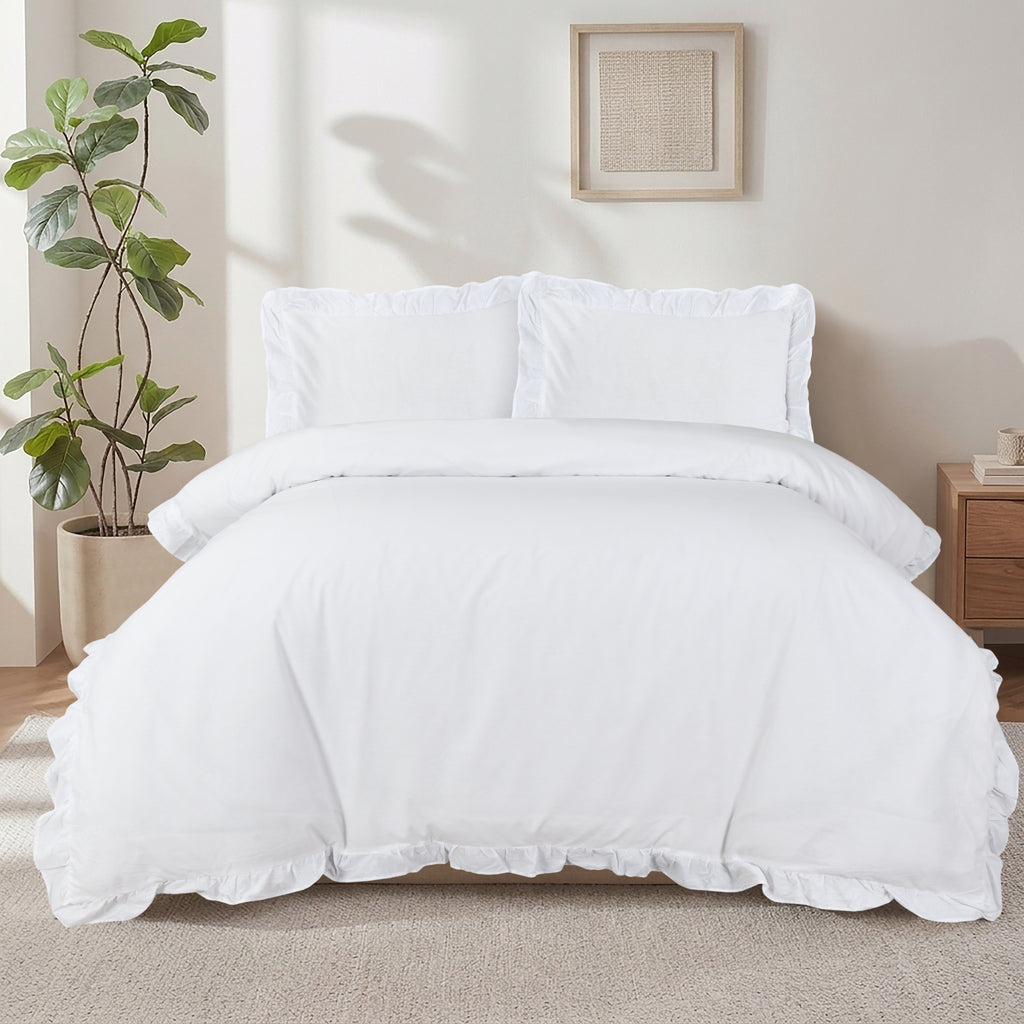 Homes that Comfort Reyna Ruffle Cotton Duvet Cover Set 3 Piece Set Double, White – Double Size Bedding Set - White Duvet Double - Ruffled Bedding