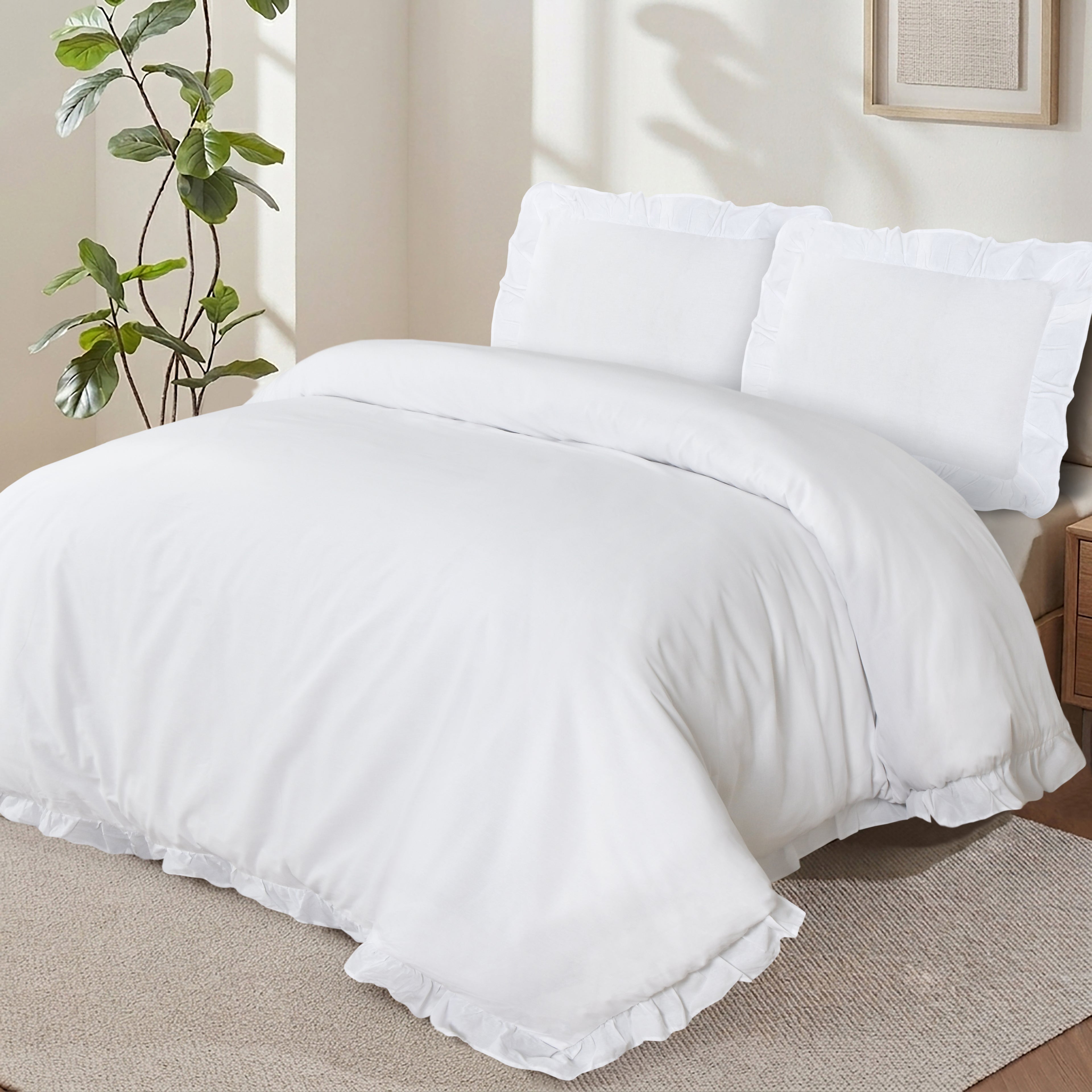 Homes that Comfort Reyna Ruffle Cotton Duvet Cover Set 3 Piece Set Double, White – Double Size Bedding Set - White Duvet Double - Ruffled Bedding