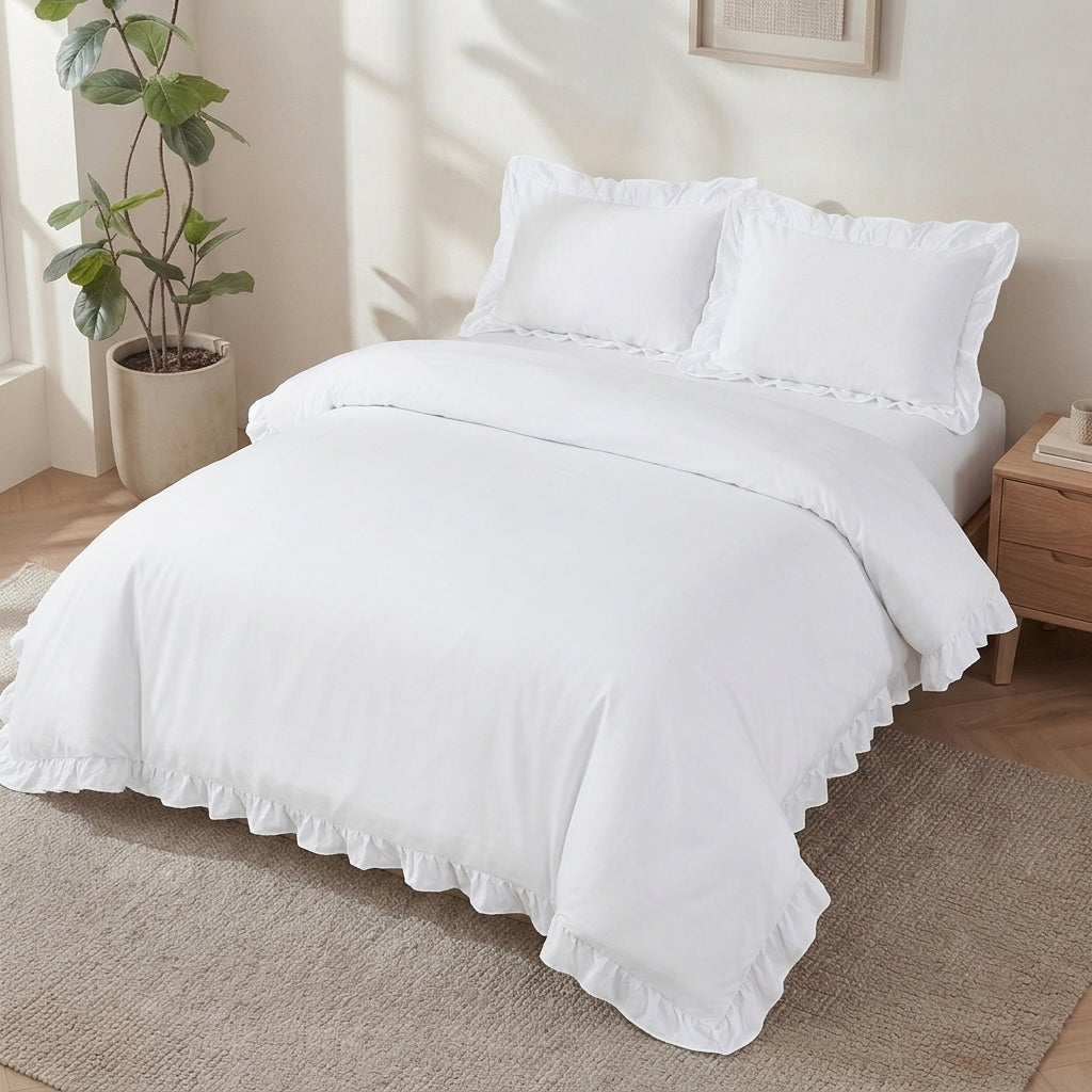 Homes that Comfort Reyna Ruffle Cotton Duvet Cover Set 3 Piece Set Double, White – Double Size Bedding Set - White Duvet Double - Ruffled Bedding