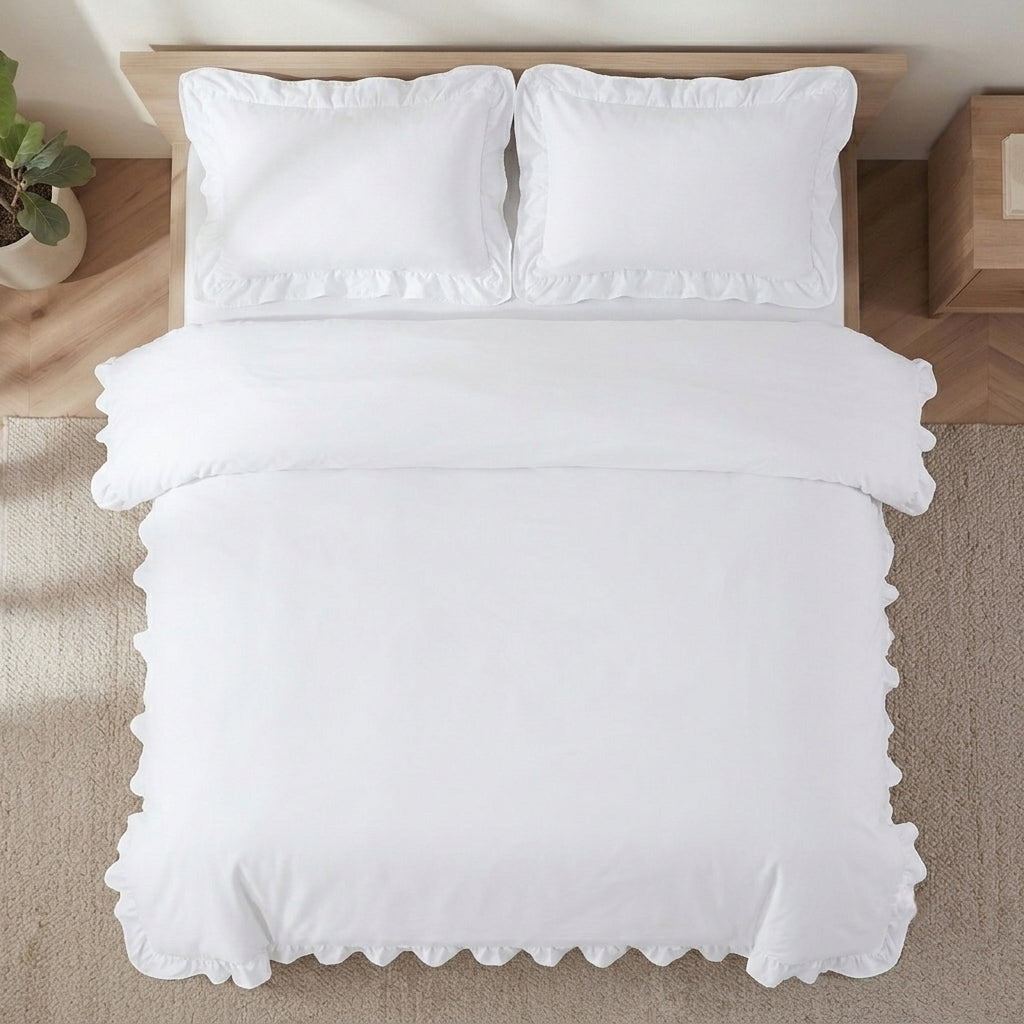 Homes that Comfort Reyna Ruffle Cotton Duvet Cover Set 3 Piece Set Double, White – Double Size Bedding Set - White Duvet Double - Ruffled Bedding