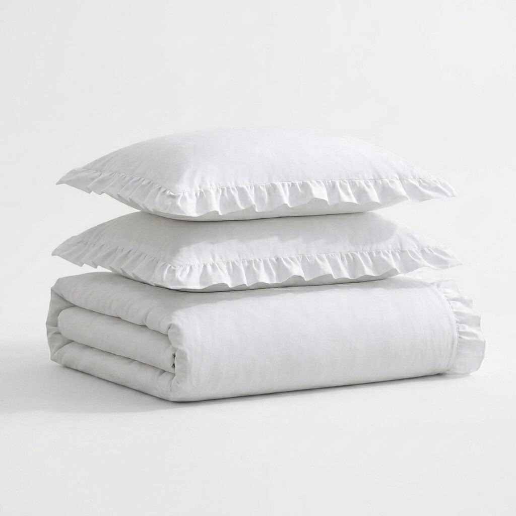 Homes that Comfort Reyna Ruffle Cotton Duvet Cover Set 3 Piece Set Double, White – Double Size Bedding Set - White Duvet Double - Ruffled Bedding