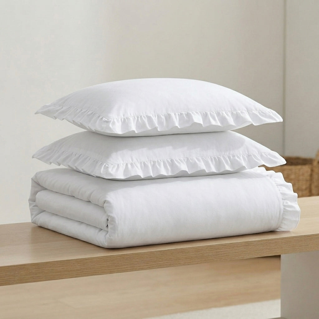 Homes that Comfort Reyna Ruffle Cotton Duvet Cover Set 3 Piece Set Double, White – Double Size Bedding Set - White Duvet Double - Ruffled Bedding