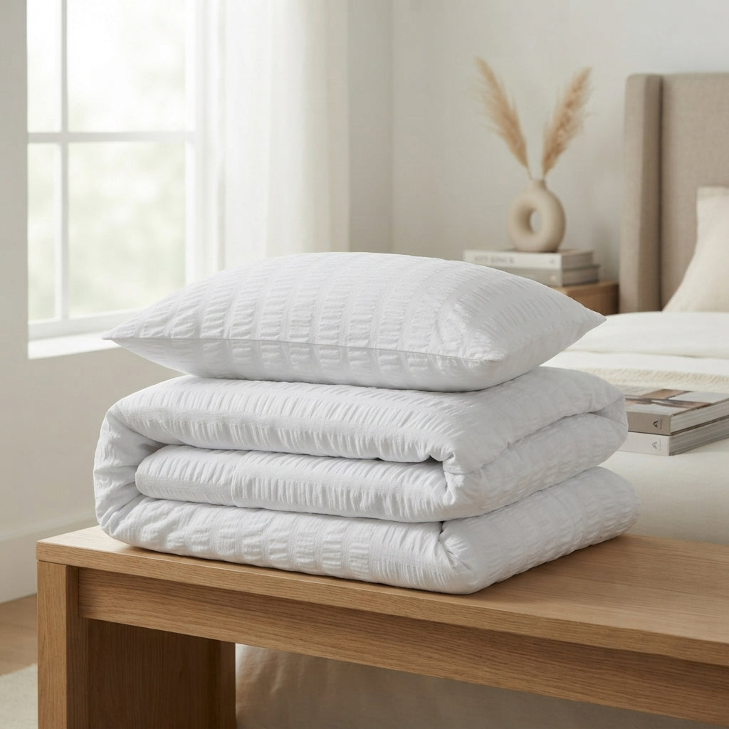 Homes that Comfort White Duvet Cover Single Size, Seersucker 3 Pieces Bedding Set, Includes 1 Duvet Cover and 2 Pillowcases